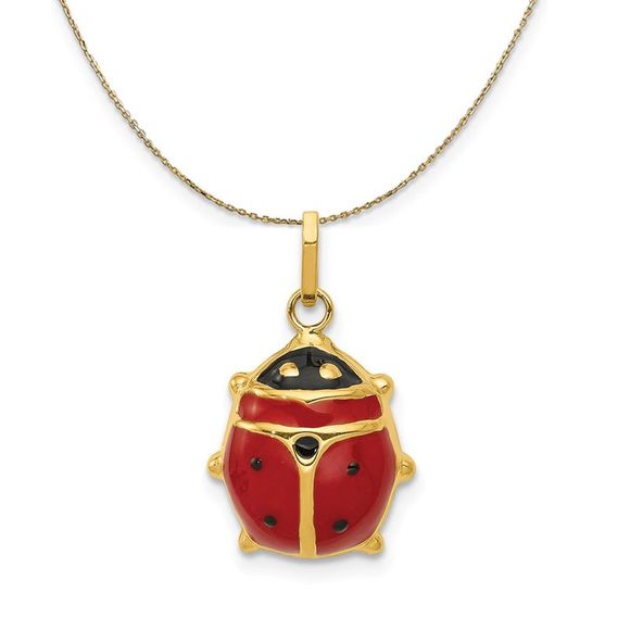 14k Yellow Gold 3D Red Enameled Ladybug (13mm) Necklace - 18 Inch
